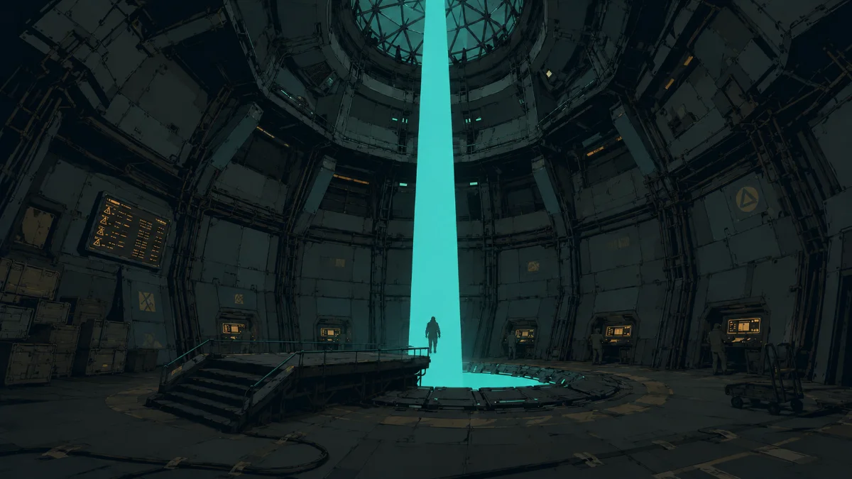 A Runner stepping into the glowing column of the Transporter