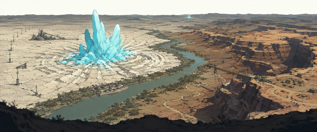 A Refractant crystal bloom rising from the dust flats beside a river canyon
